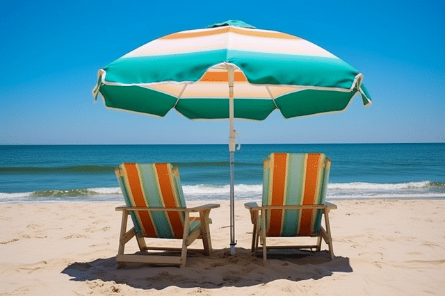 A beach umbrella with 2 chairs