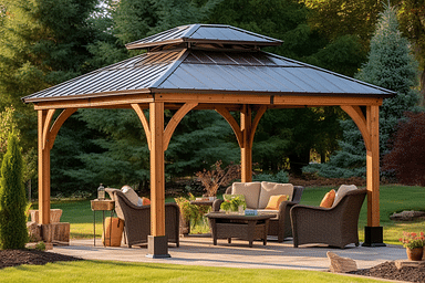 Backyard Discovery Arlington 12' x 12' Cedar Wood Outdoor Gazebo Pavilion with Hardtop Galvanized Steel Peak Roof, Snow Support, Wind Resistance, PowerPort, Shade for Garden, Patio, Deck, Entertaining
