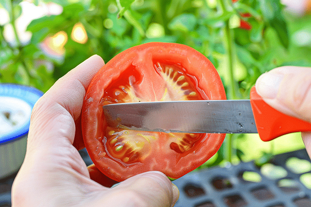 Cutting a tomato into pieces