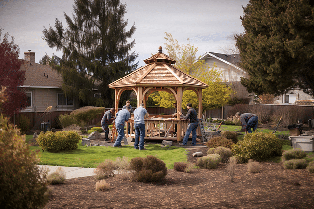 Group of people carefully disassembling a wooden gazebo