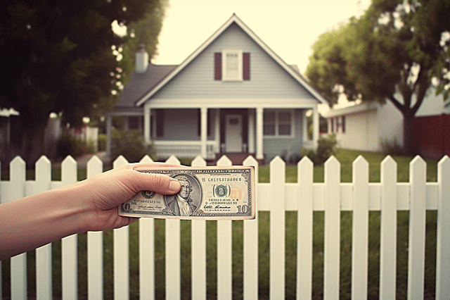 Holding money in front of a modern fence