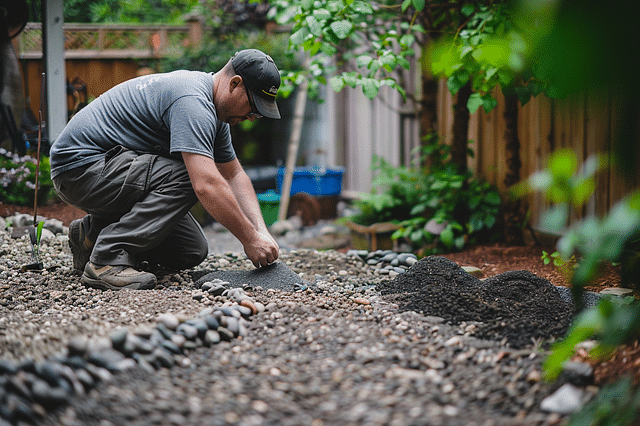Man adding gravel to garden