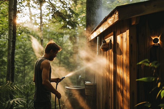 Man cleaning outdoor sauna