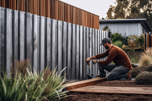Man install corrugated metal fencing