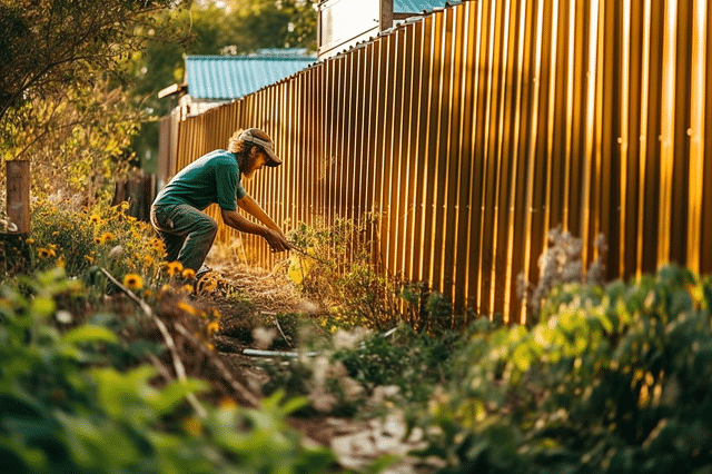Man maintaining corrugated metal fence