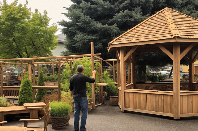 Man pointing to a gazebo in a showroom