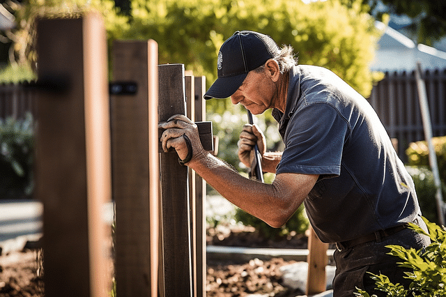 Man placing wooden posts in ground
