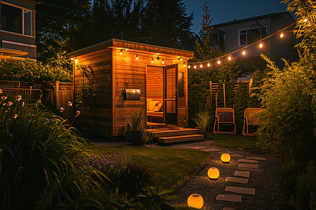 Outdoor sauna with ambience at night