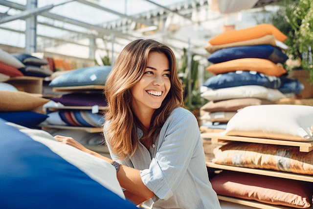 Smiling woman picking out patio cushions