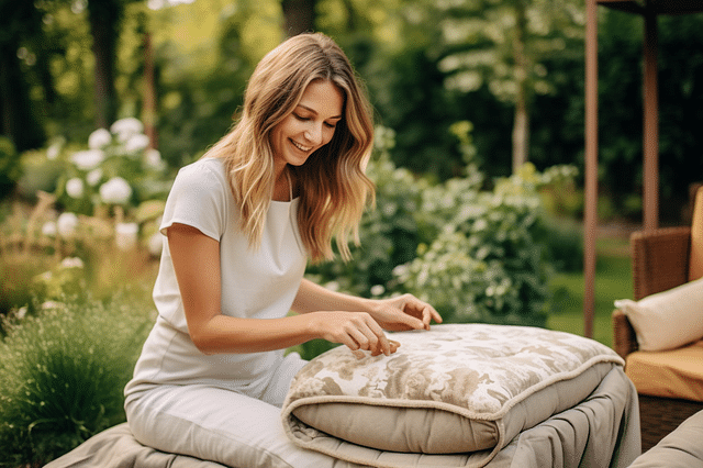 Smiling woman placing a cushion on patio furniture