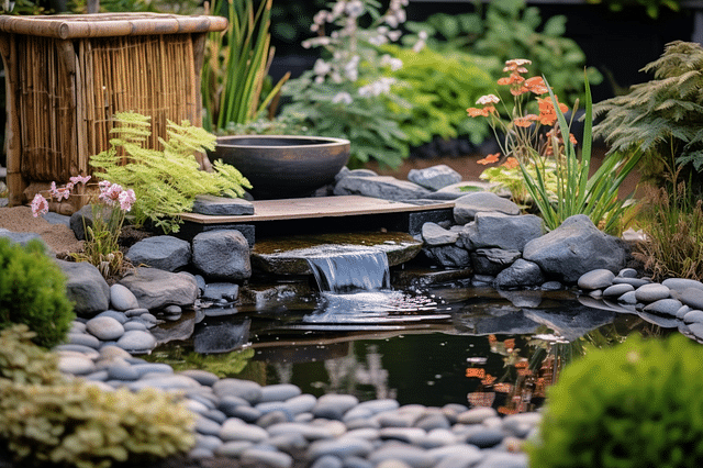 Water feature next to a small pond