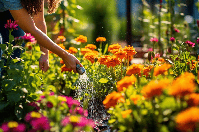 Woman watering a flowerbed