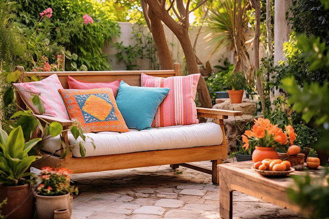 Wooden furniture with colorful pillows